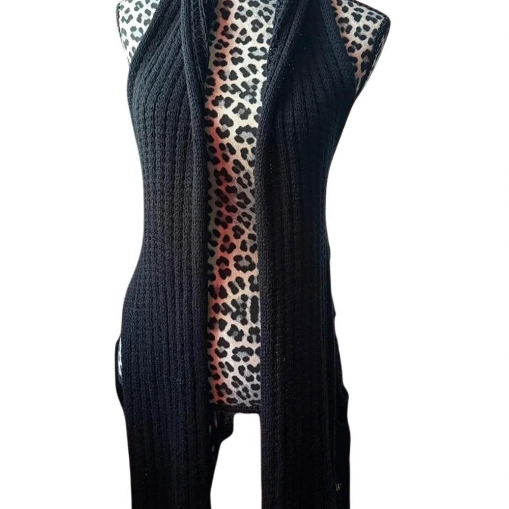 Black Open Knit Crochet Longline Sleeveless Cardigan Vest Medium